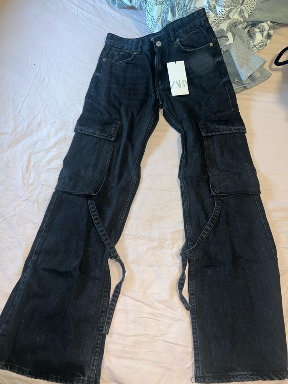 Zara Black Cargo Bootcut Jeans with Utility Straps